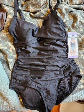 DKNY Black Ruched One-Piece Swimsuit with Adjustable Straps